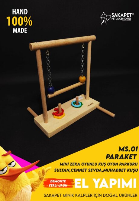 MS.01 Paraket Mini Zeka Oyunlu El Yapımı Ahşap Kuş Oyun Parkuru