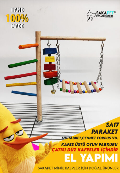 Kafes Üstü Kuş Oyun Parkuru – Merdivenli, Salıncaklı ve Kemirme Oyuncaklı El Yapımı Ahşap Parkur (SA17)