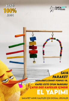 Kafes Üstü Kuş Oyun Parkuru – Merdivenli, Salıncaklı ve Kemirme Oyuncaklı El Yapımı Ahşap Parkur (SA16)