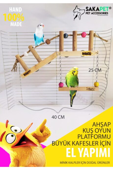 Ahşap Kuş Oyun Platformu – Büyük Kafesler İçin Halatlı ve Askılı El Yapımı Parkur