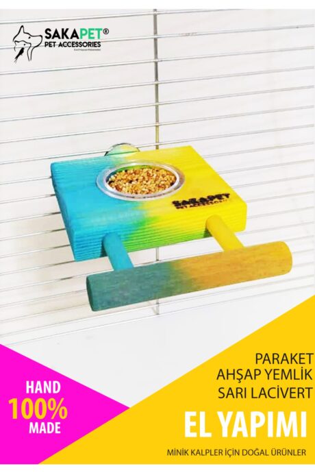 Sarı Lacivert Doğal Ahşap Tünekli Tekli Yemlik